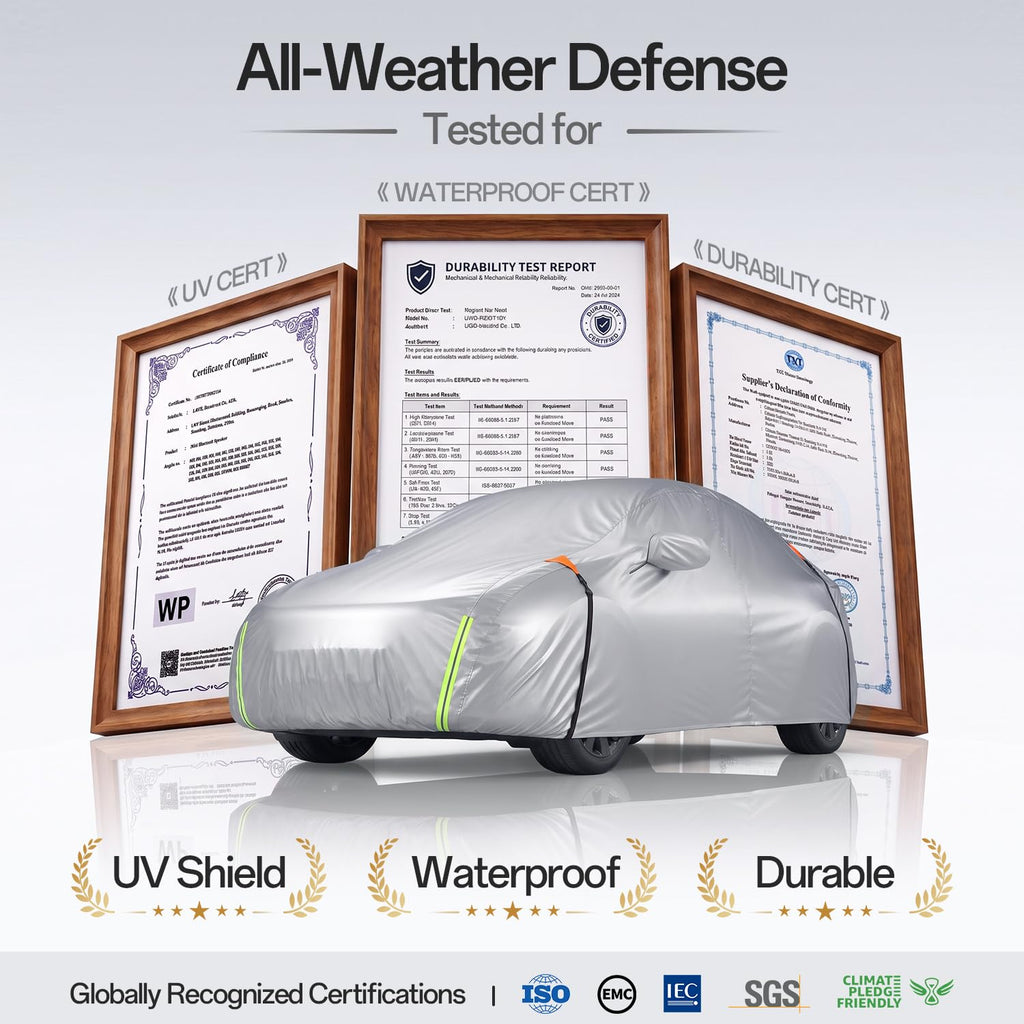 for Car Cover, 100% Waterproof All-Weather，NO.1 UV Sun & Heat Protection, Paint-Safe Lining, Driver-Side & Charging Port Zippers, Windproof