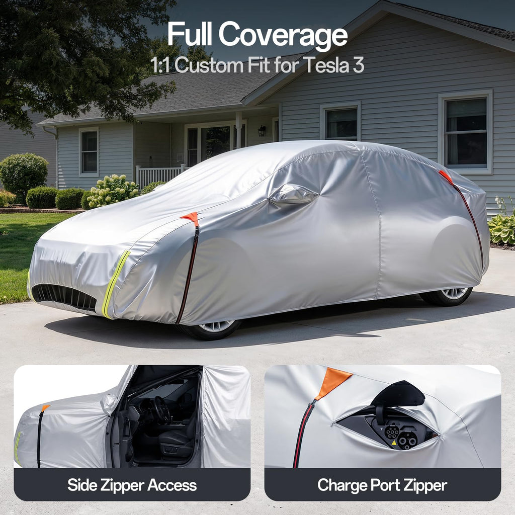 for Car Cover, 100% Waterproof All-Weather，NO.1 UV Sun & Heat Protection, Paint-Safe Lining, Driver-Side & Charging Port Zippers, Windproof