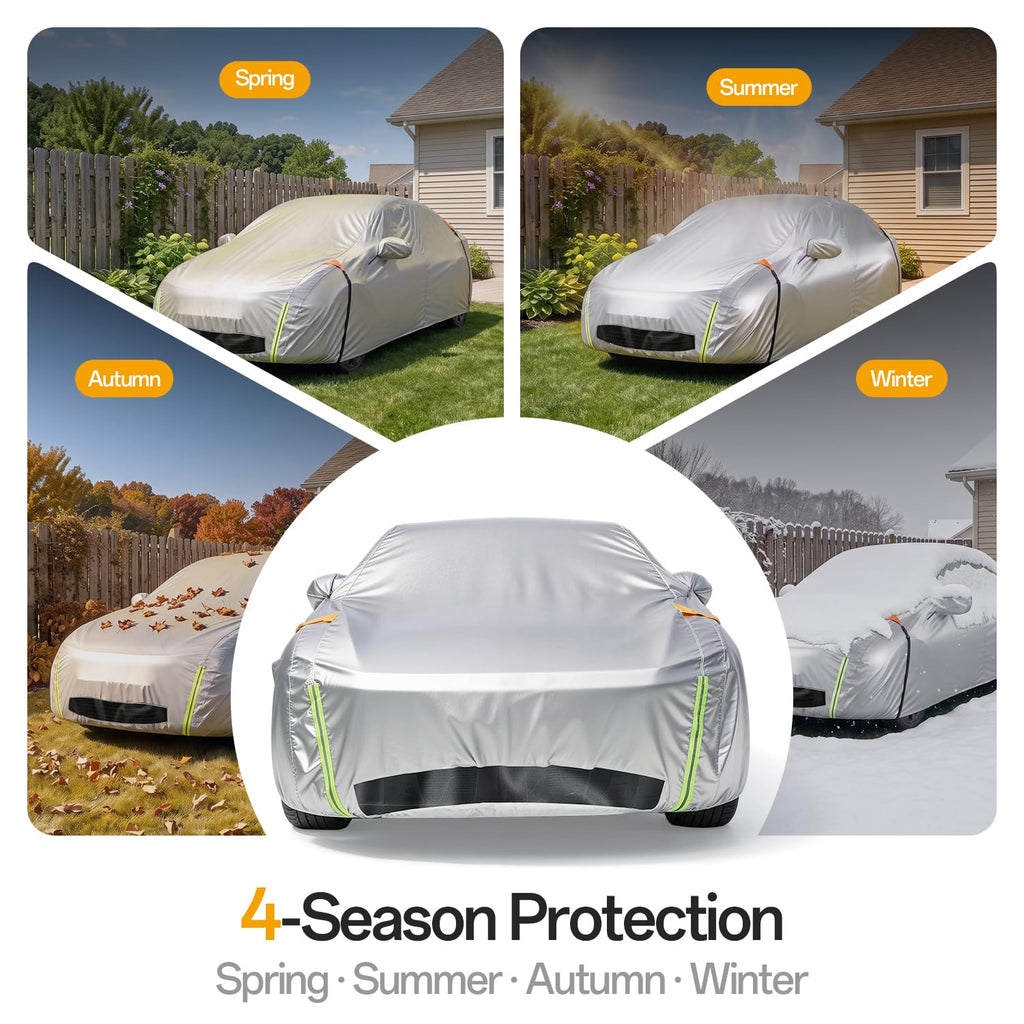 for Car Cover, 100% Waterproof All-Weather，NO.1 UV Sun & Heat Protection, Paint-Safe Lining, Driver-Side & Charging Port Zippers, Windproof