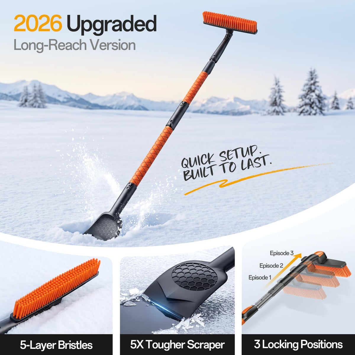 61" Extra-Long Snow Brush & Heavy-Duty Ice Scraper for Cars, SUVs & Trucks