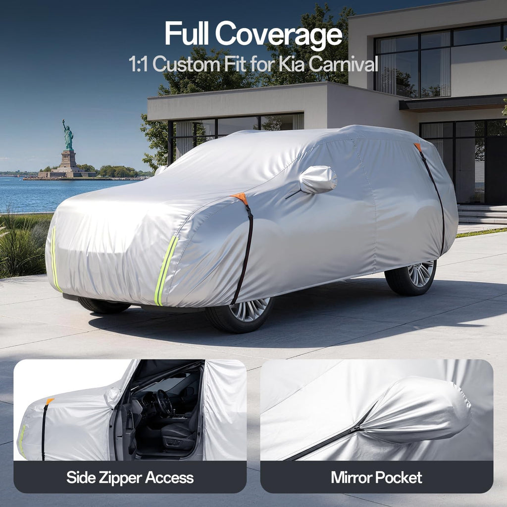for Kia Carnival Car Cover 2015-2026, 100% Waterproof All-Weather | NO.1 UV Sun & Heat Protection, Paint-Safe Lining, Driver-Side Zipper, Windproof Design