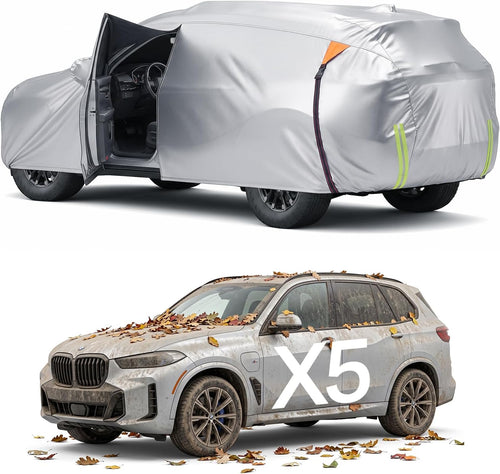 for BMW X5 Car Cover, Waterproof Inner Lining Protects Paint, Zippers for Driver Side & Charging Port, PU Coating for Sun and UV Protection-Silver