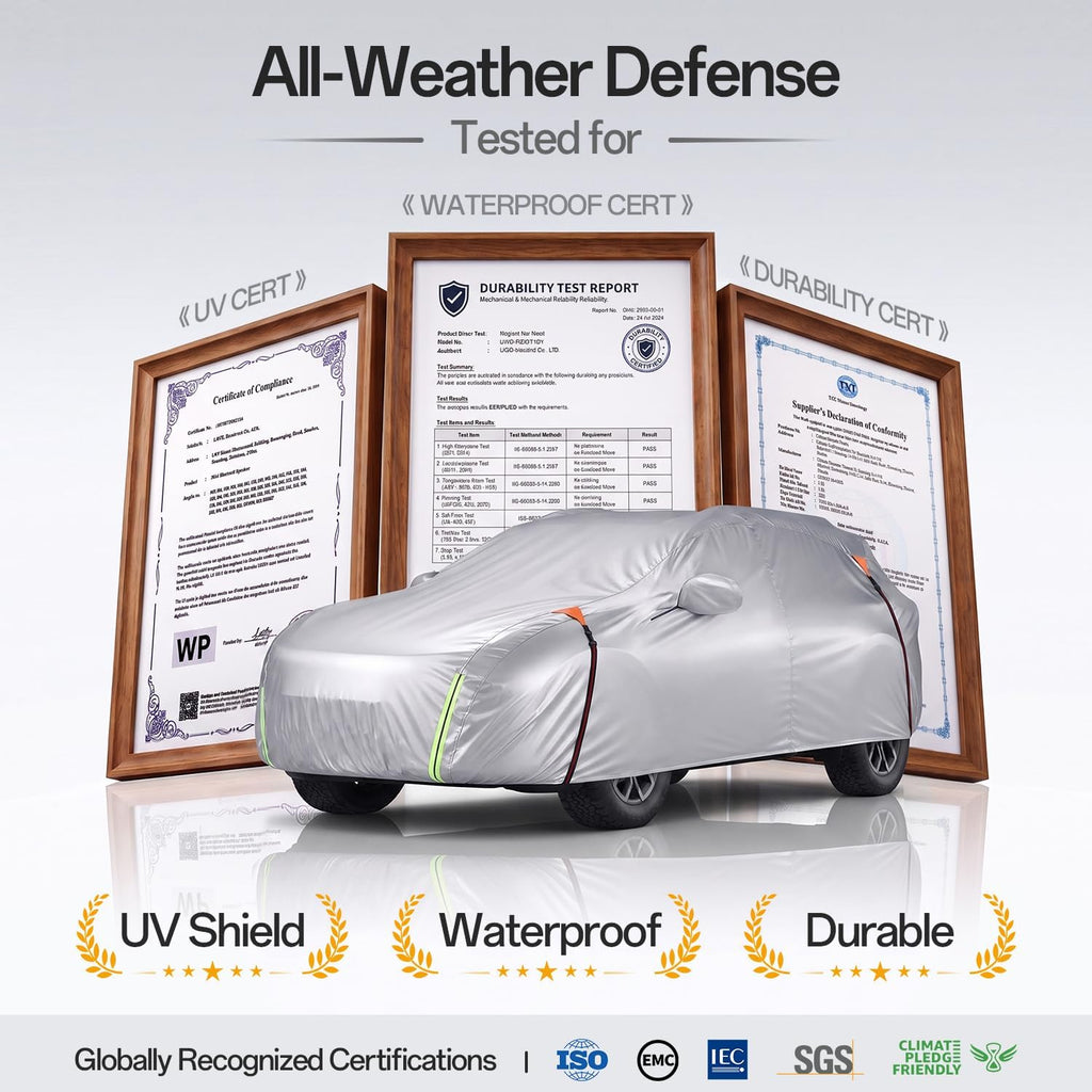 for BMW X5 Car Cover, Waterproof Inner Lining Protects Paint, Zippers for Driver Side & Charging Port, PU Coating for Sun and UV Protection-Silver