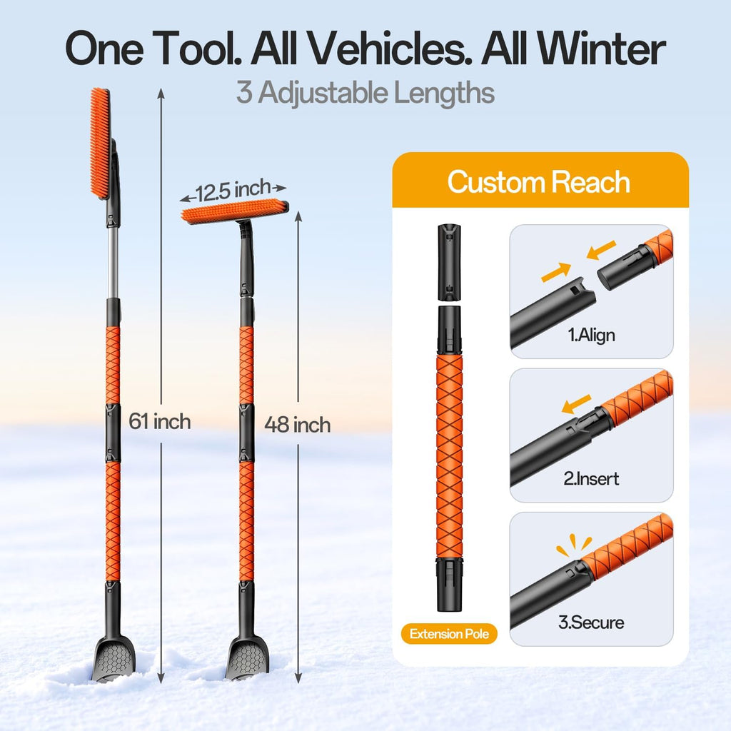 61" Extra-Long Snow Brush & Heavy-Duty Ice Scraper for Cars, SUVs & Trucks