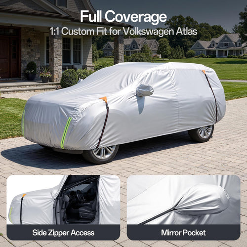 Car Cover for Volkswagen Atlas 2017–2026, 100% Waterproof All-Weather | NO.1 UV Sun & Heat Protection, Paint-Safe Lining, Driver-Side Zipper, Windproof Design