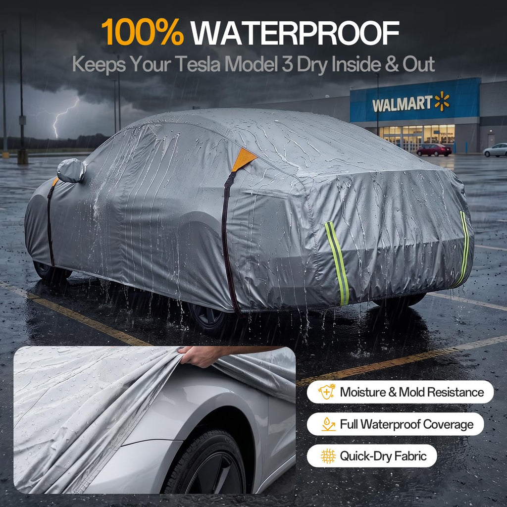 for Car Cover, 100% Waterproof All-Weather，NO.1 UV Sun & Heat Protection, Paint-Safe Lining, Driver-Side & Charging Port Zippers, Windproof