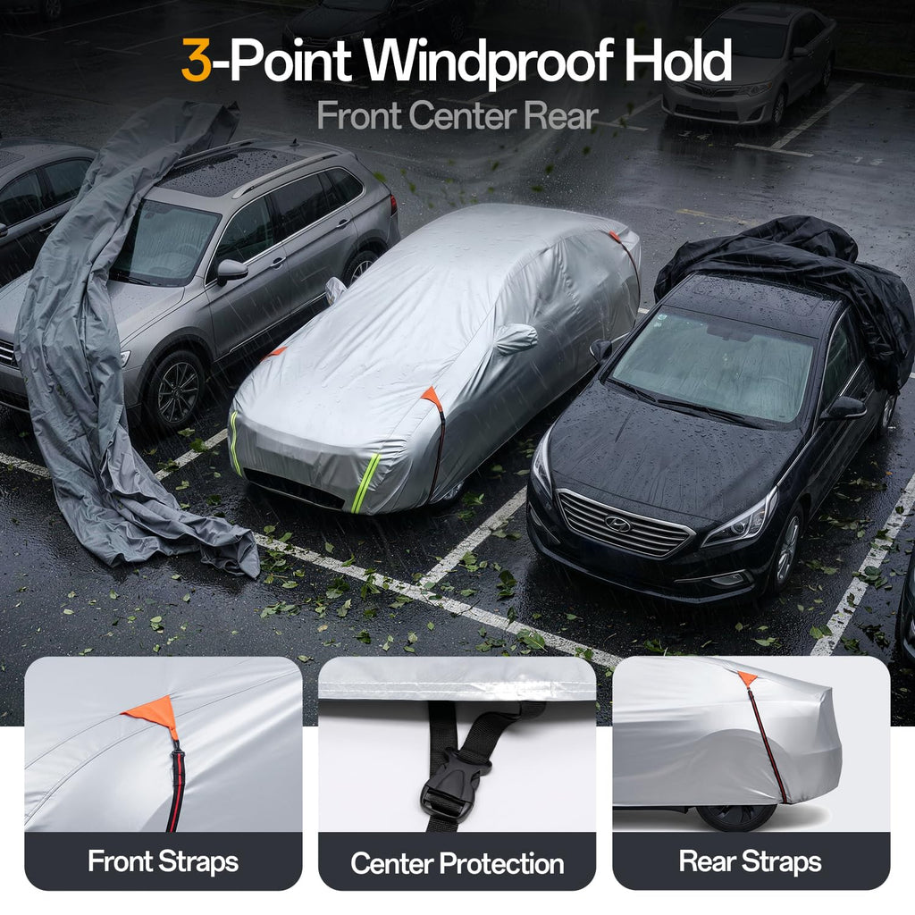 for Car Cover, 100% Waterproof All-Weather，NO.1 UV Sun & Heat Protection, Paint-Safe Lining, Driver-Side & Charging Port Zippers, Windproof