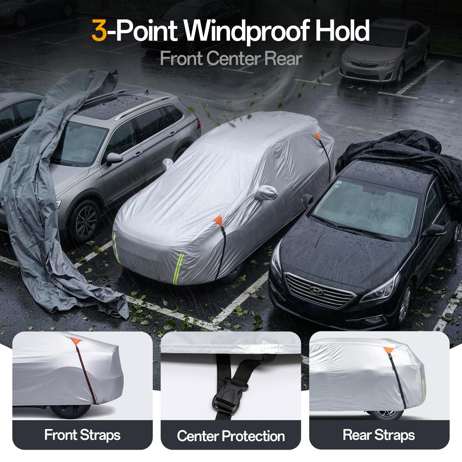 for Car Cover, 100% Waterproof All-Weather，NO.1 UV Sun & Heat Protection, Paint-Safe Lining, Driver-Side & Charging Port Zippers, Windproof